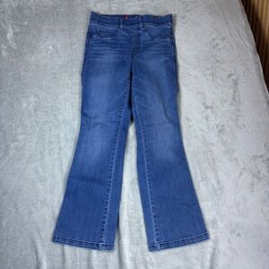Spanx Jeans Women S Flare Pull-On Blue Whiskered Faded Stretch Denim Bootcut